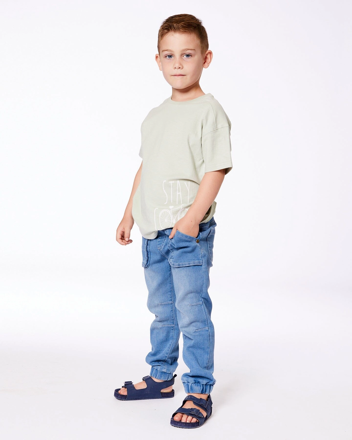 French Terry Denim Jogger Pant Denim Blue Boys Elastic Waist Trousers