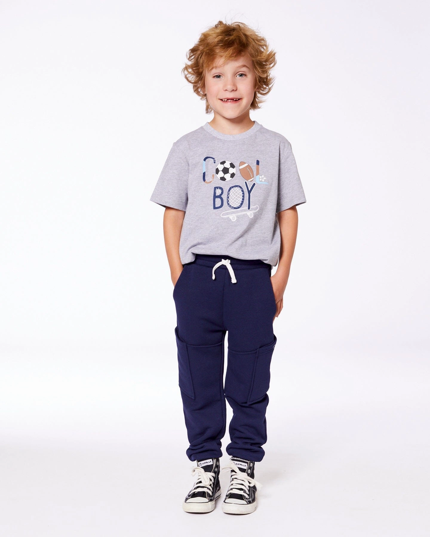 French Terry Sweatpants With Side Pockets Navy Blue Boys Elastic Waist Trousers