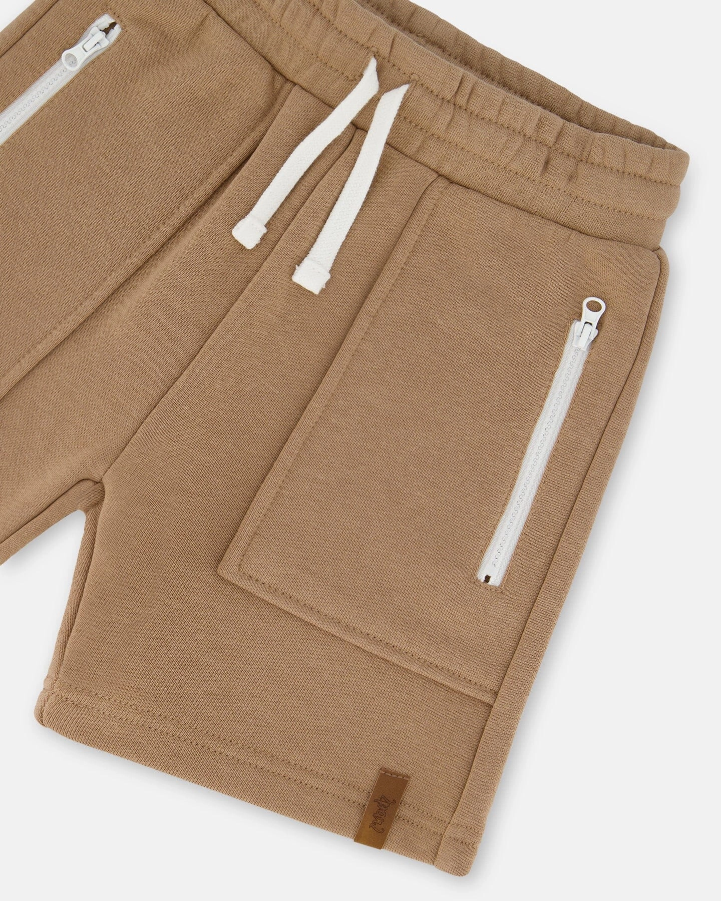 French Terry Zip Pocket Shorts Beige Boys Drawstring Athletic Shorts