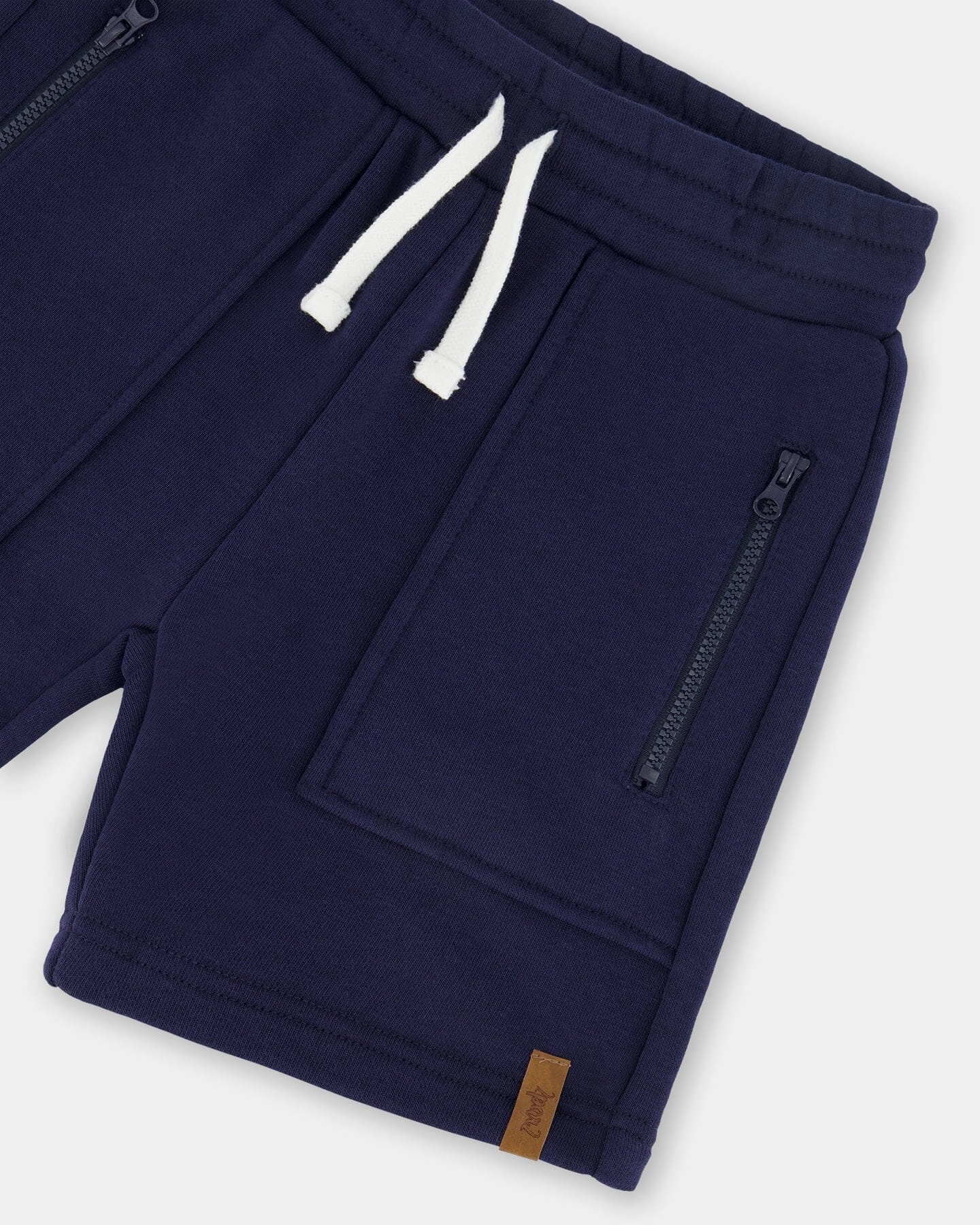 French Terry Zip Pocket Shorts Navy Blue Boys Drawstring Athletic Shorts