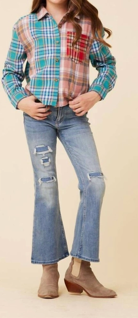 Gir'ls Plaid Trim Shirt In Blue ruffle tops girls, long sleeve tees girls