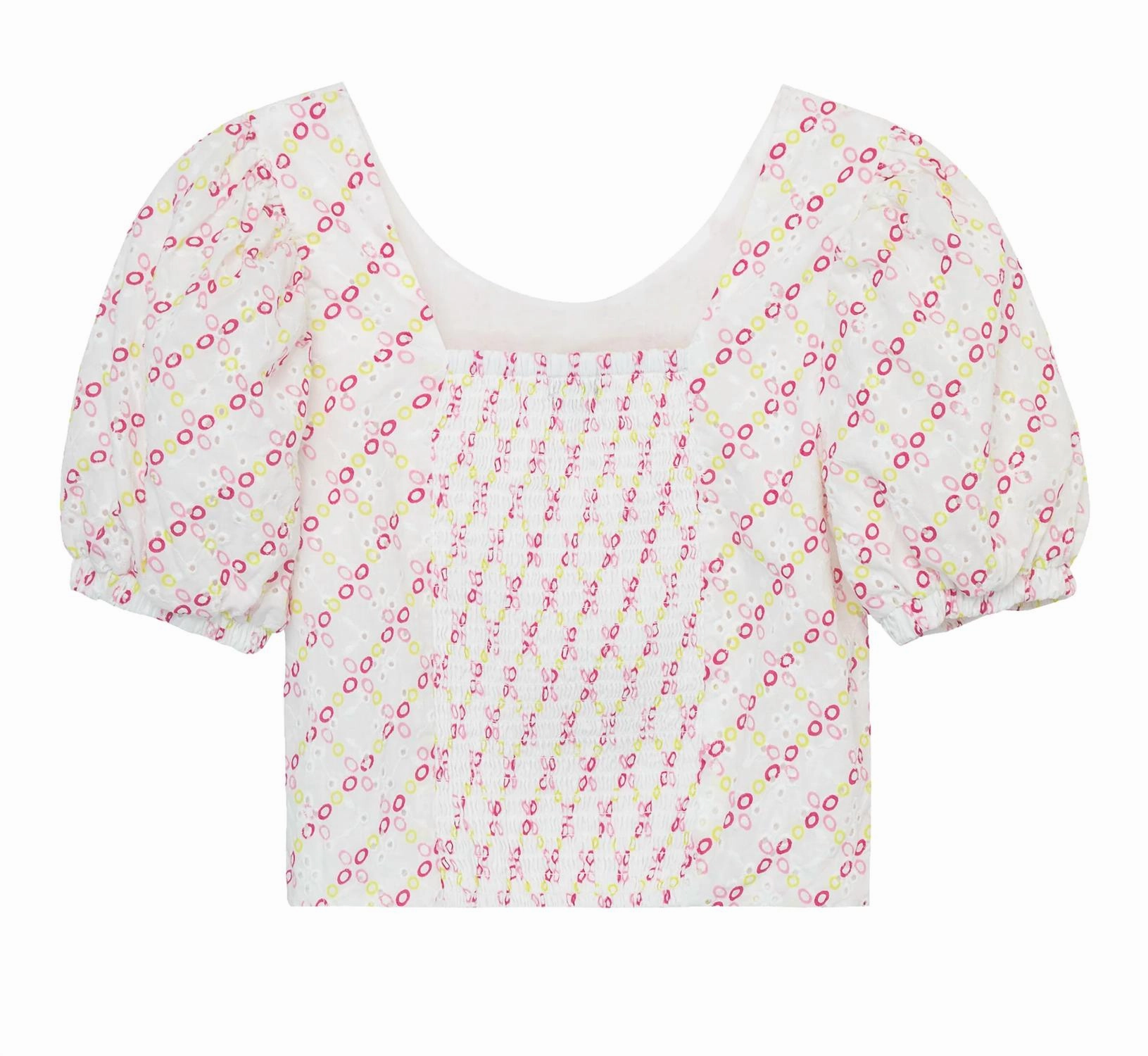 Girl Eyelet Bubble Sleeve Cropped Top In White Multi Girls Tunic Top