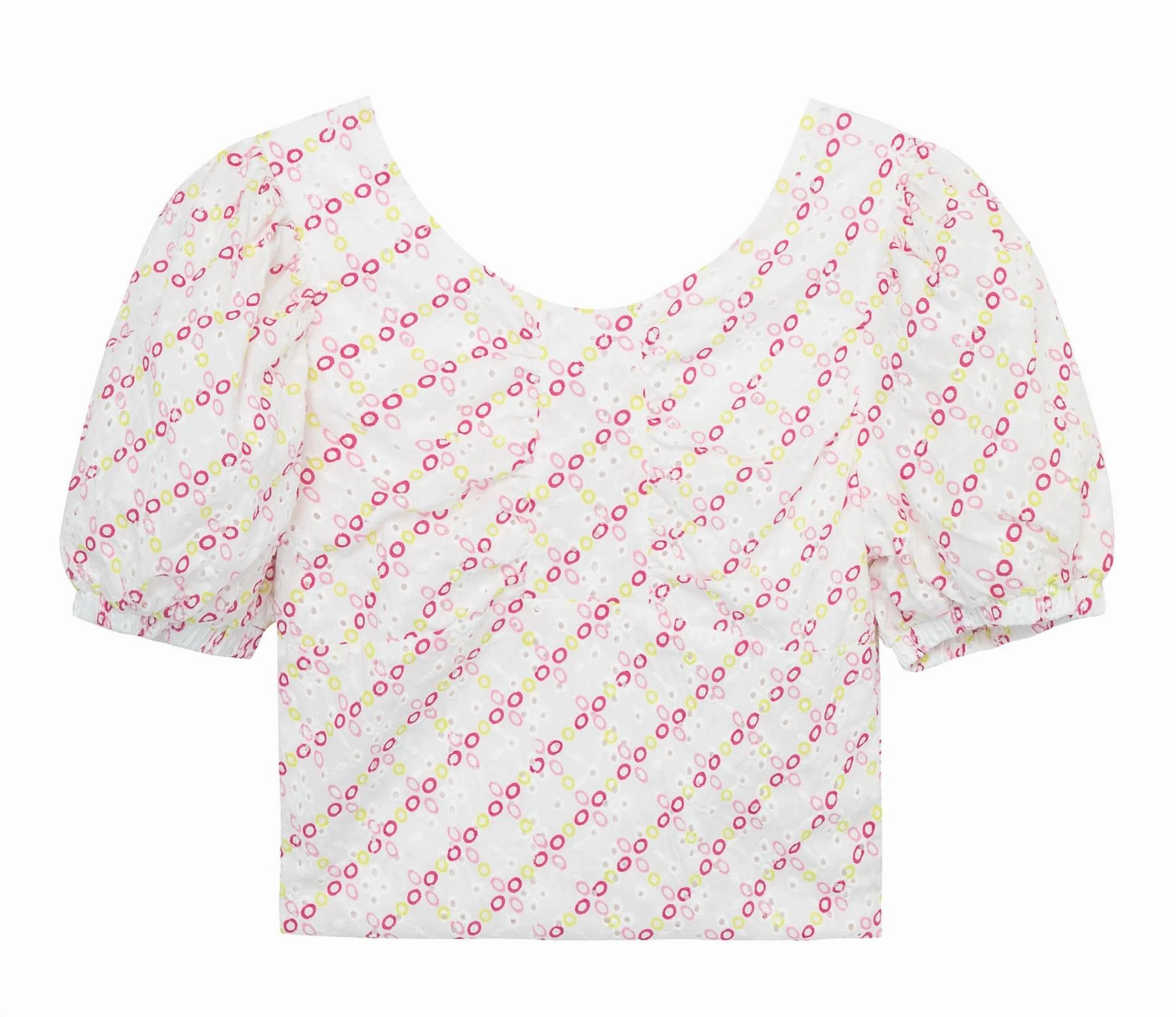 Girl Eyelet Bubble Sleeve Cropped Top In White Multi ruffle tops girls, long sleeve tees girls