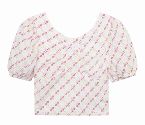 Girl Eyelet Bubble Sleeve Cropped Top In White Multi ruffle tops girls, long sleeve tees girls