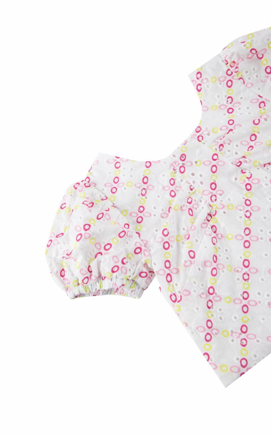Girl Eyelet Bubble Sleeve Cropped Top In White Multi Girls Tunic Top