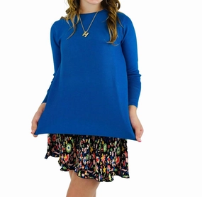 Girl's Boxy Knit Sweater In Royal Blue ruffle tops girls, long sleeve tees girls