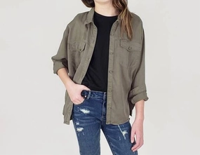 Girl's Button Down Shirt In Olive ruffle tops girls, long sleeve tees girls
