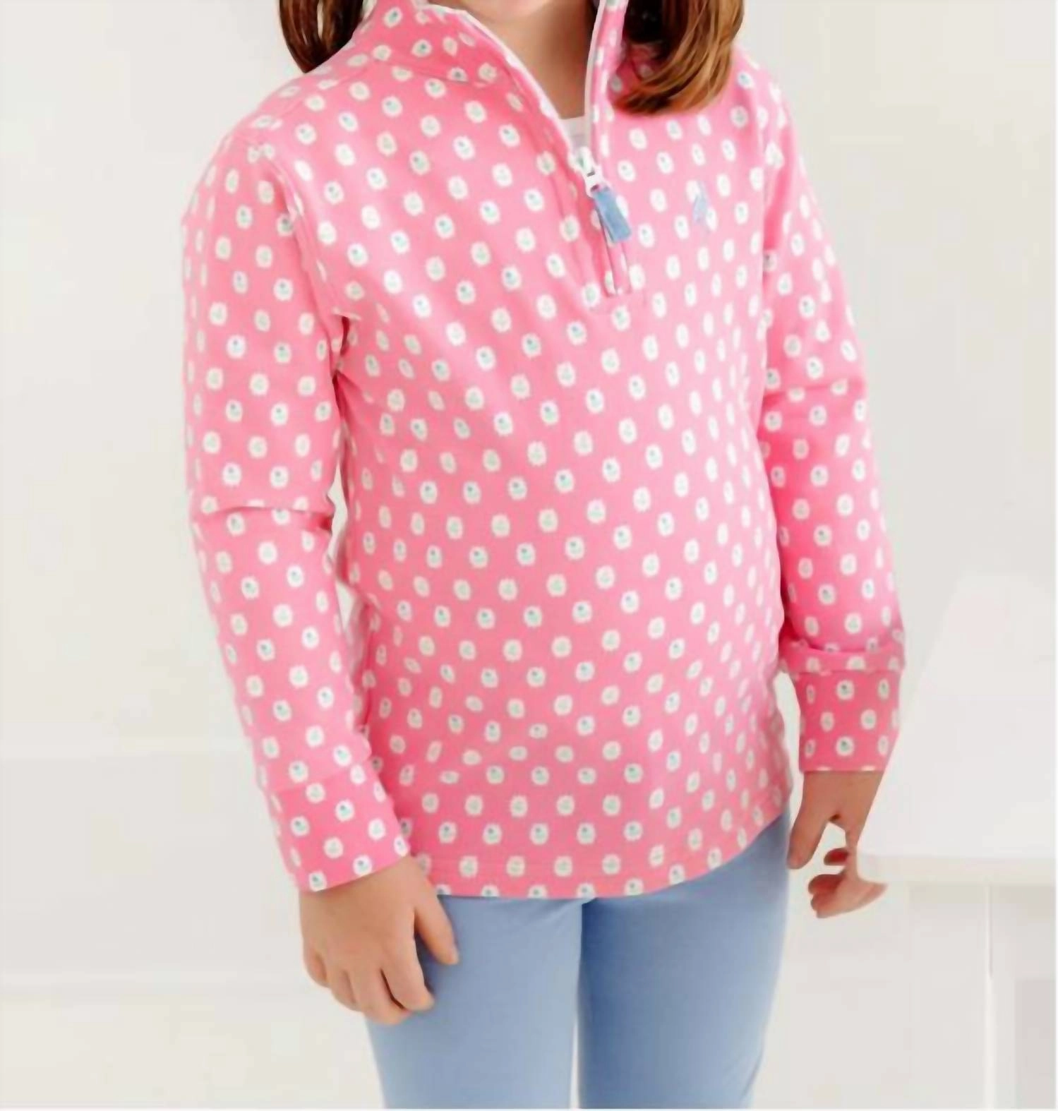 Girl's Canter Collar Half-Zip Pullover In Ballantyne Blooms With Barrington Blue Stork Girls Tunic Top
