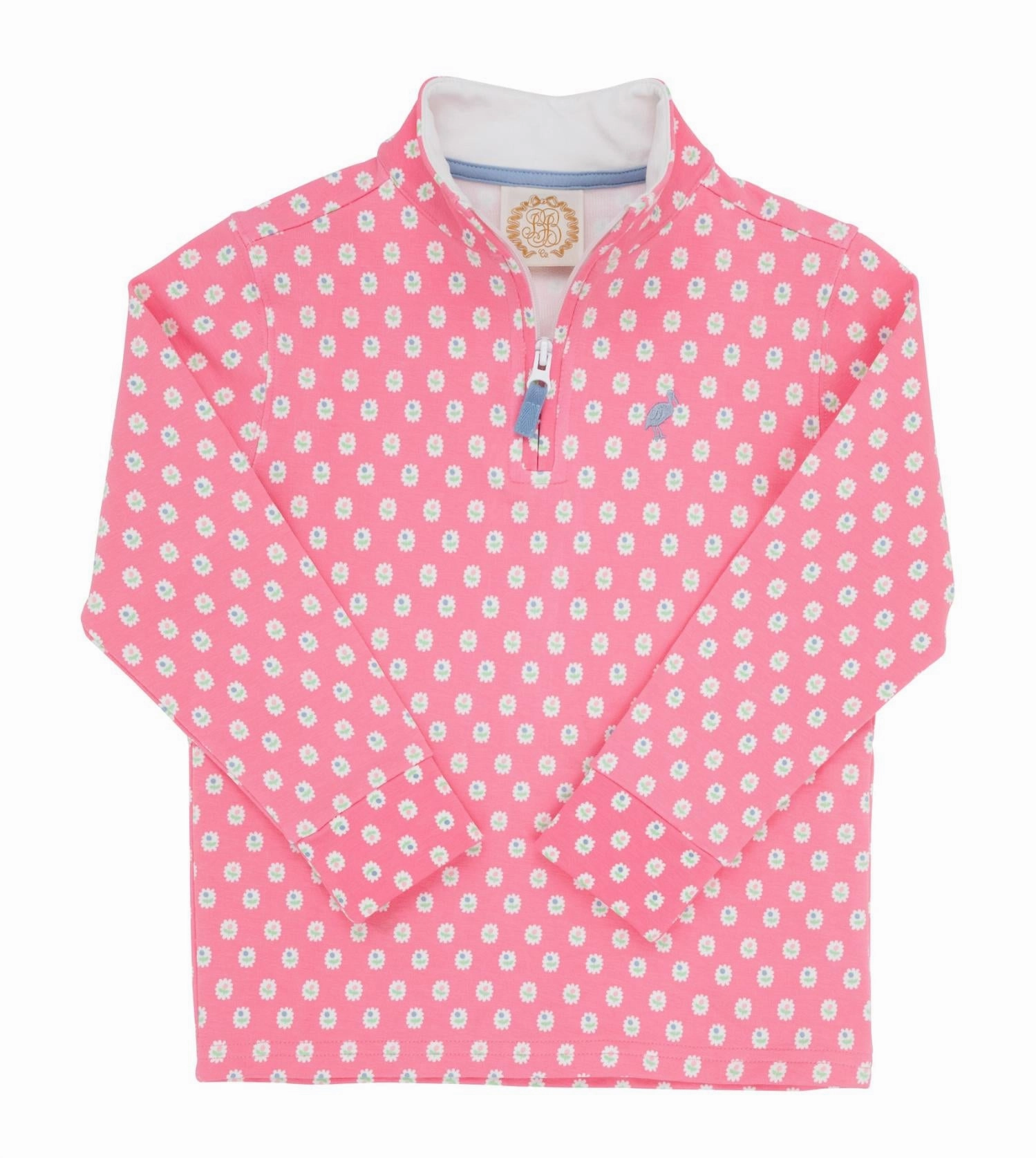 Girl's Canter Collar Half-Zip Pullover In Ballantyne Blooms With Barrington Blue Stork ruffle tops girls, long sleeve tees girls