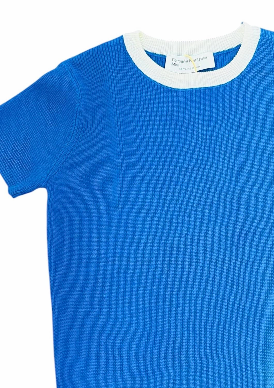 Girl's Contrast Short Sleeve Sweater In Blue/white Girls Tunic Top
