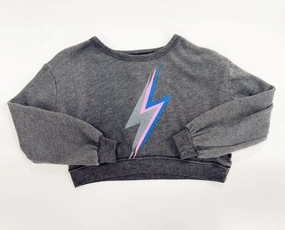 Girl's Crop Lightning Bolt Crew Shirt In Grey ruffle tops girls, long sleeve tees girls