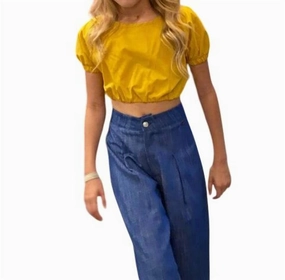 Girl's Crop Top In Mustard ruffle tops girls, long sleeve tees girls