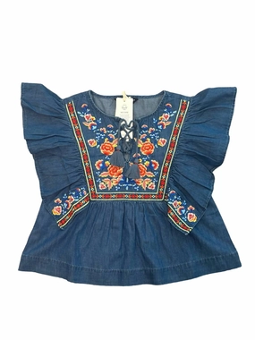 Girl's Daisy Embroidered Tassel Top In Navy ruffle tops girls, long sleeve tees girls