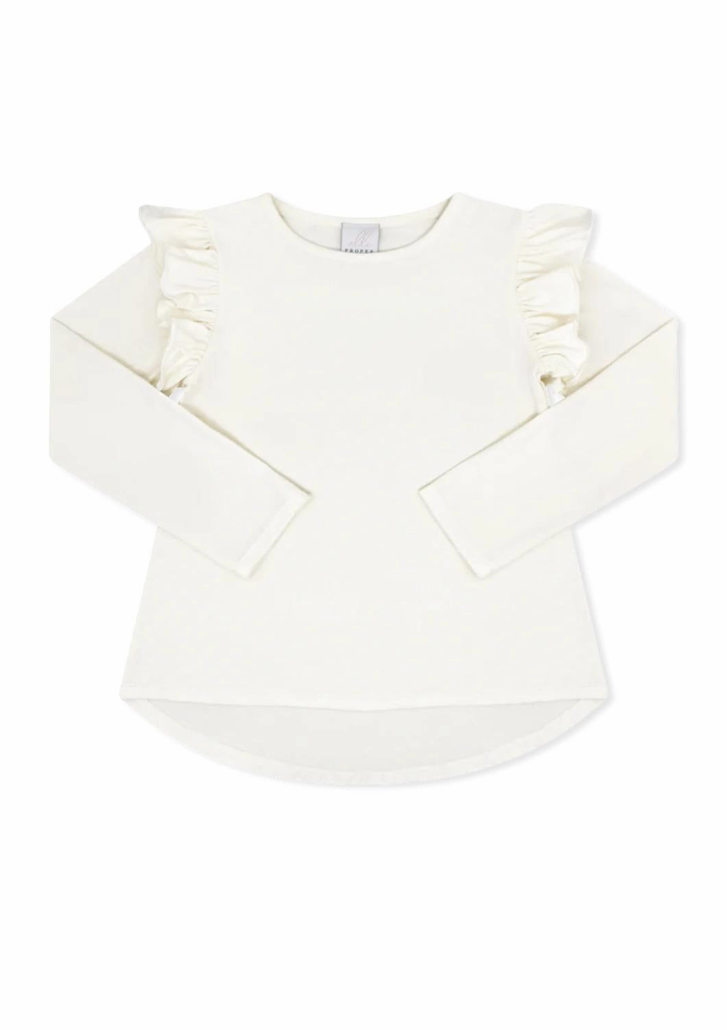 Girl's Elizabeth Long Sleeve Ruffle Tee In Charlotte Cream Knit ruffle tops girls, long sleeve tees girls
