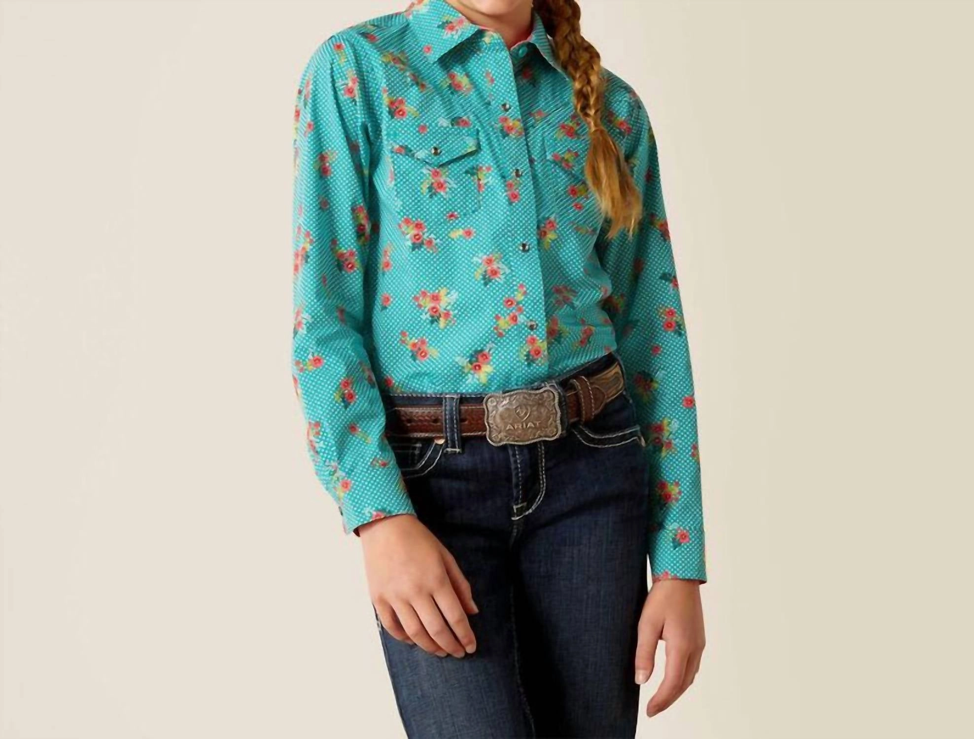 Girl's Esmerelda Shirt In Turquoise ruffle tops girls, long sleeve tees girls