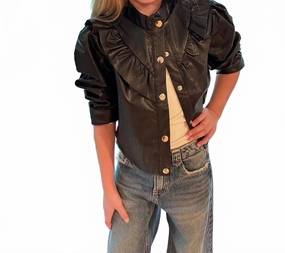 Girl's Faux Leather Ruffle Jacket In Black girls trench coats, waterproof jackets girls
