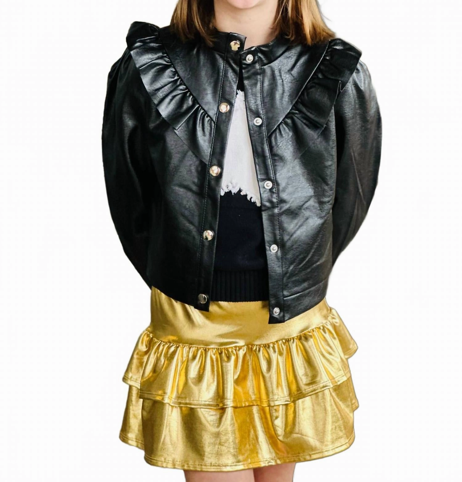 Girl's Faux Leather Ruffle Jacket In Black Girls Sherpa Coat