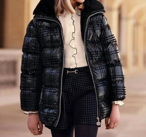 Girl's Flock Print Fur Lined Coat In Black girls trench coats, waterproof jackets girls