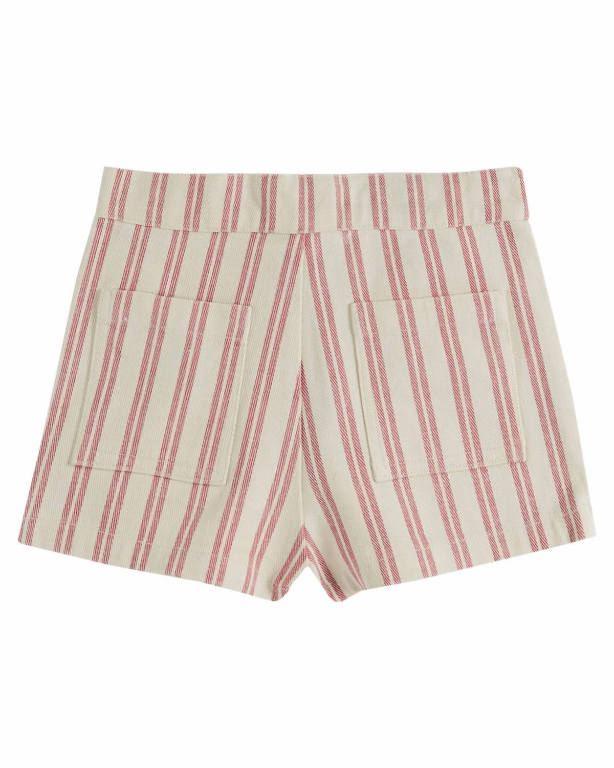 Girl's Flower Pocket Short In Pink Stripe Girls Scallop Hem Shorts