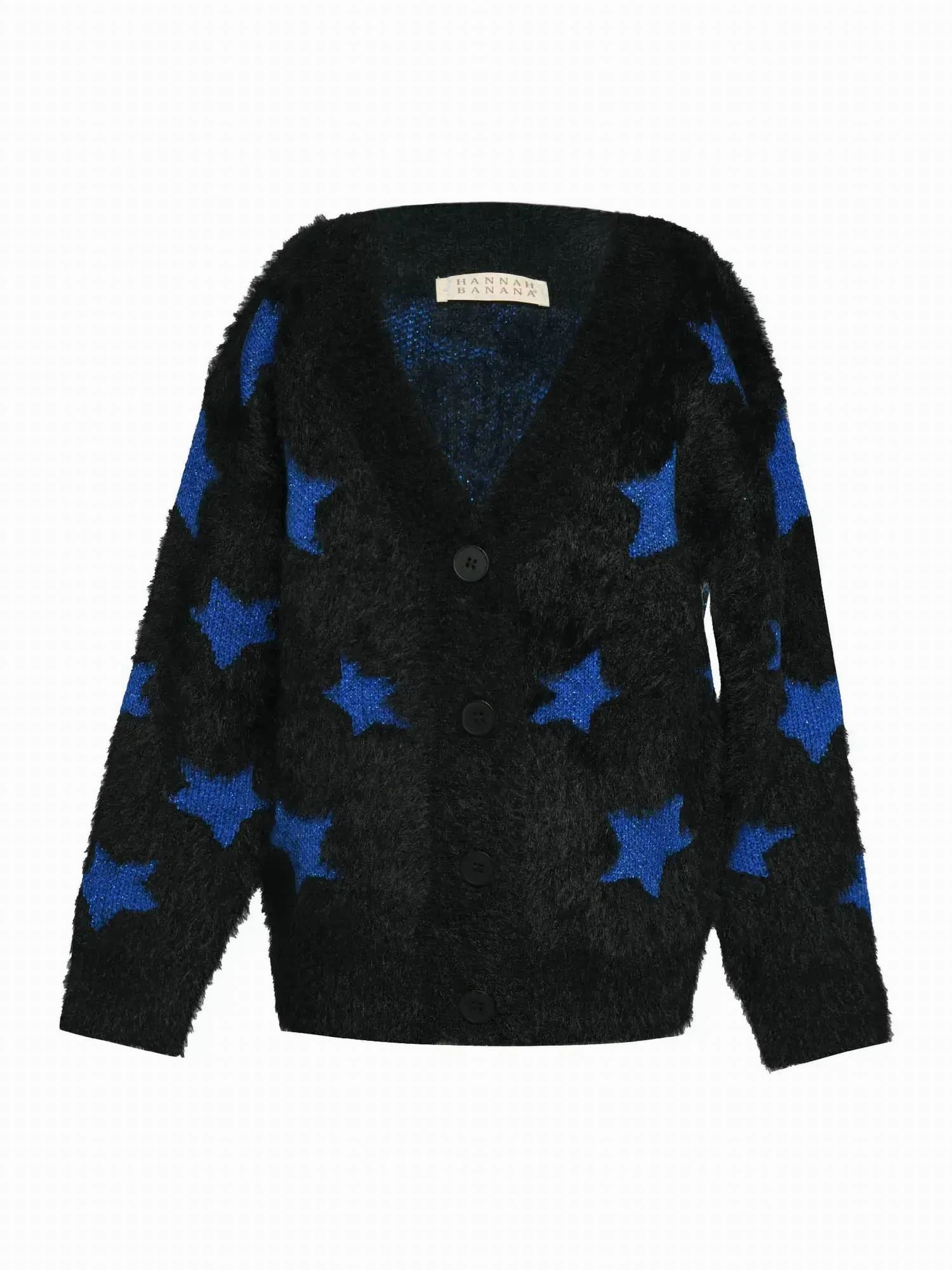 Girl's Fuzzy All Over Color Block Star Print Cardigan In Black / Multi girls trench coats, waterproof jackets girls