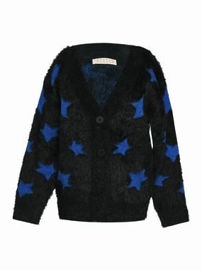 Girl's Fuzzy All Over Color Block Star Print Cardigan In Black / Multi girls trench coats, waterproof jackets girls