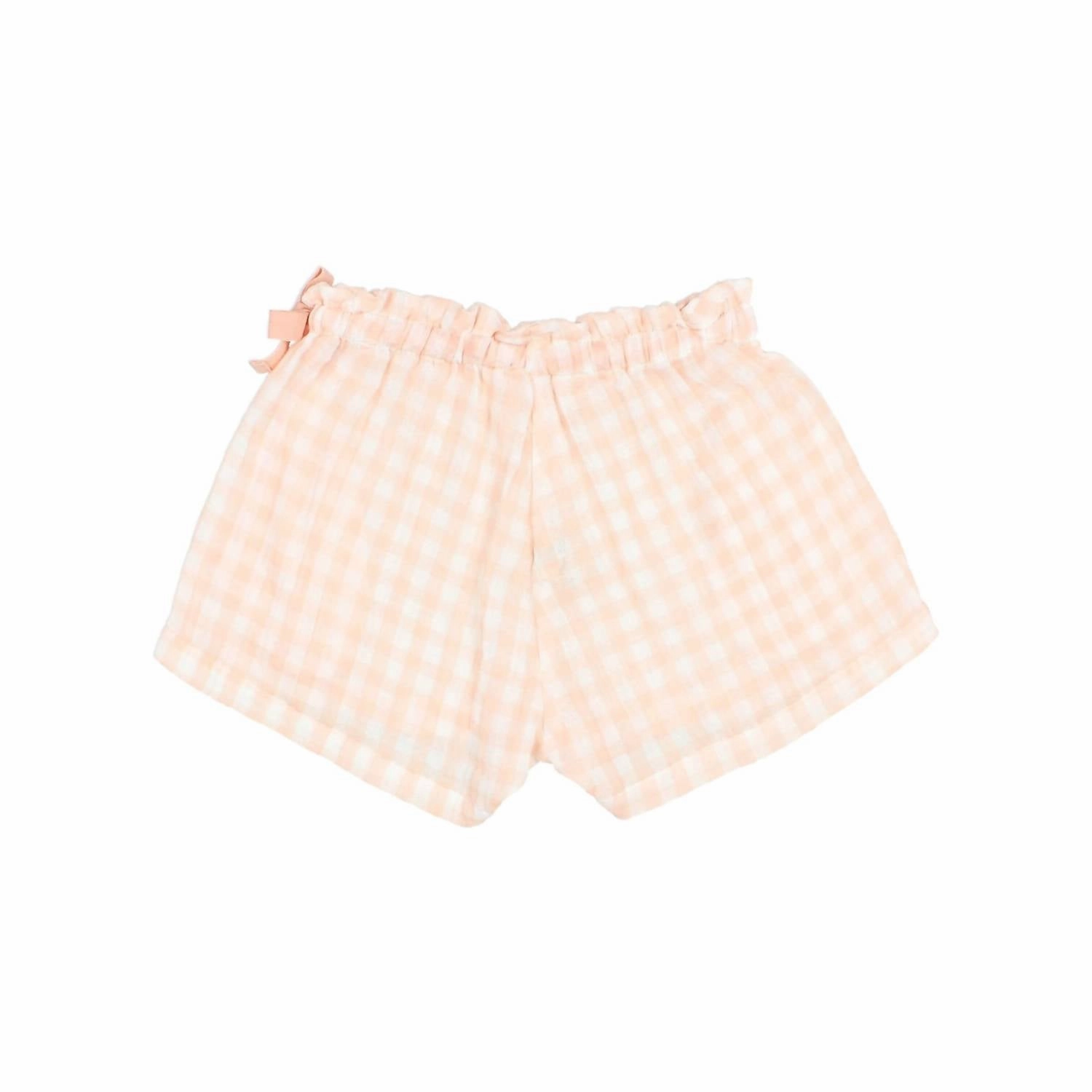 Girl's Gingham Muslin Shorts In Light Coral Girls Scallop Hem Shorts