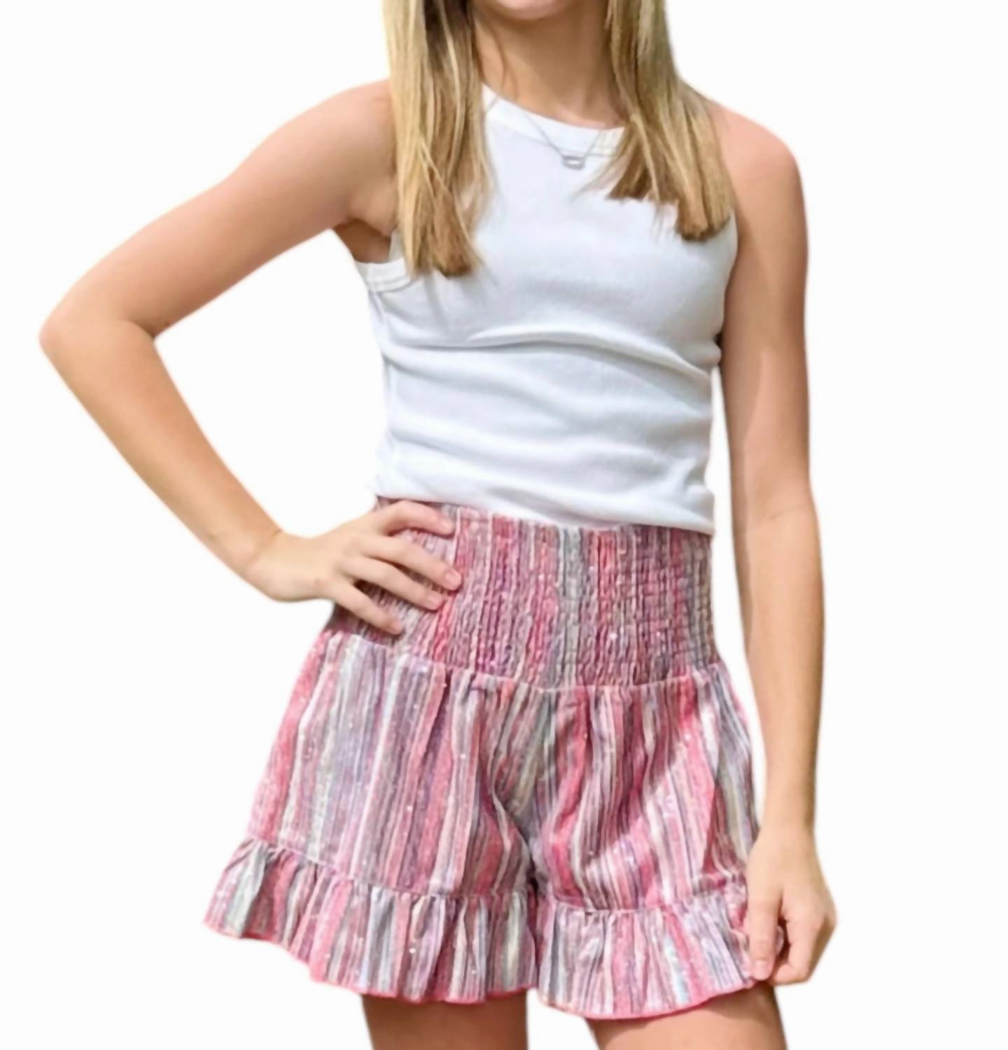 Girl's Glitter Stripe Shorts With Smocked Waist In Multi-Colored Girls Scallop Hem Shorts