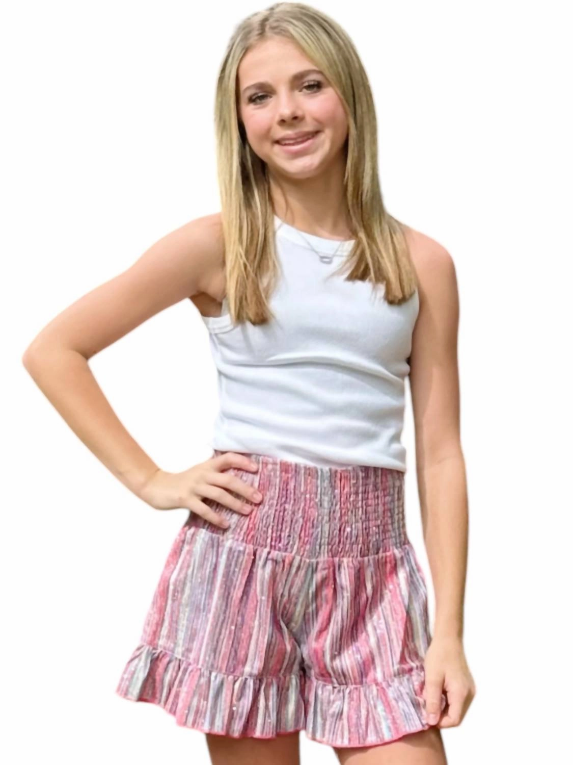 Girl's Glitter Stripe Shorts With Smocked Waist In Multi-Colored Girls Scallop Hem Shorts