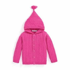 Girl's Hooded Cable Knit Cardigan In Fuchsia ruffle tops girls, long sleeve tees girls
