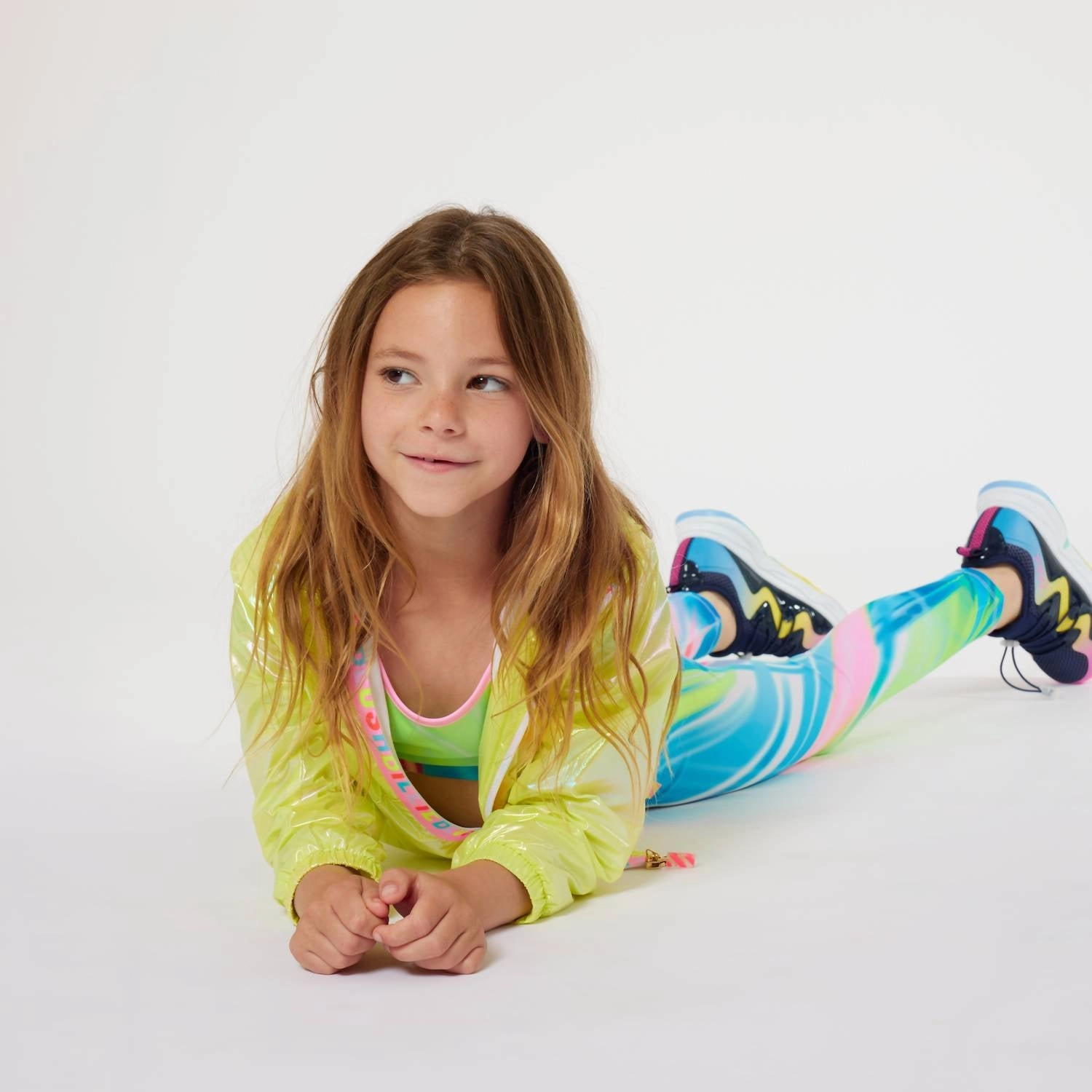 Girl's Hooded Windbreaker Logo Zip Jacket In Neon Green Girls Sherpa Coat