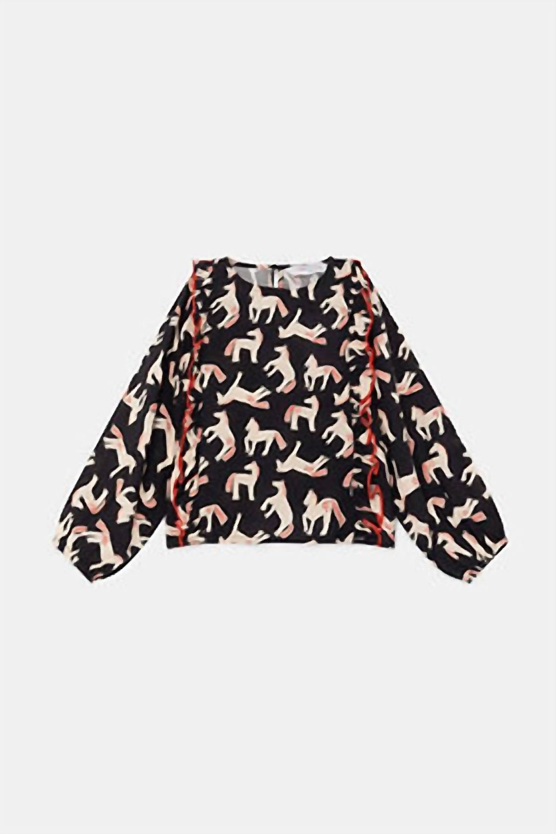 Girl's Horse Print Ruffle Top In Black / Ecru Horse ruffle tops girls, long sleeve tees girls