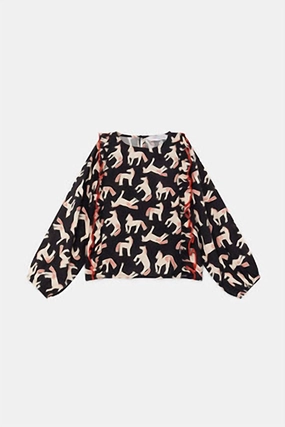 Girl's Horse Print Ruffle Top In Black / Ecru Horse ruffle tops girls, long sleeve tees girls