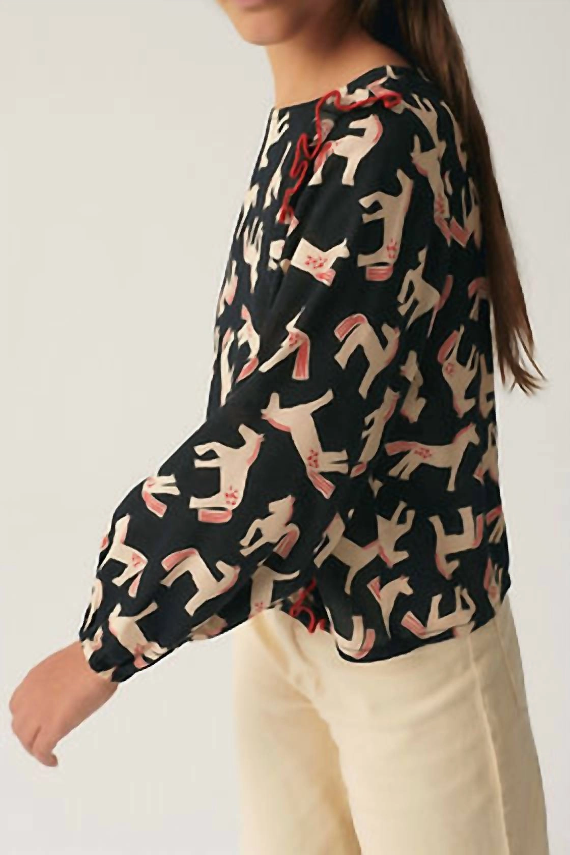 Girl's Horse Print Ruffle Top In Black / Ecru Horse Girls Tunic Top