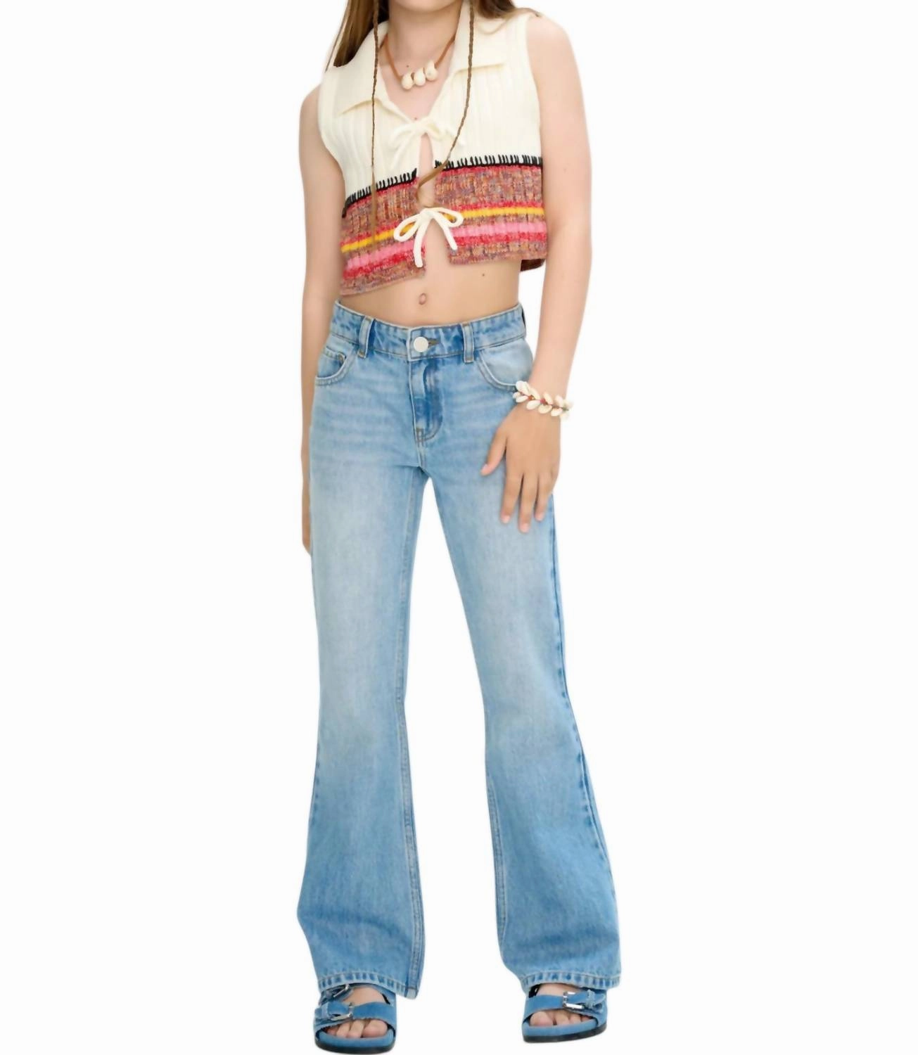 Girl's Low-Waist Flare Classic Pants In Denim Blue Girls Flared Leggings