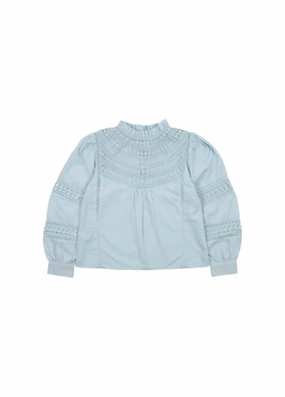 Girl's Paris Blouse In Gentle Sky ruffle tops girls, long sleeve tees girls