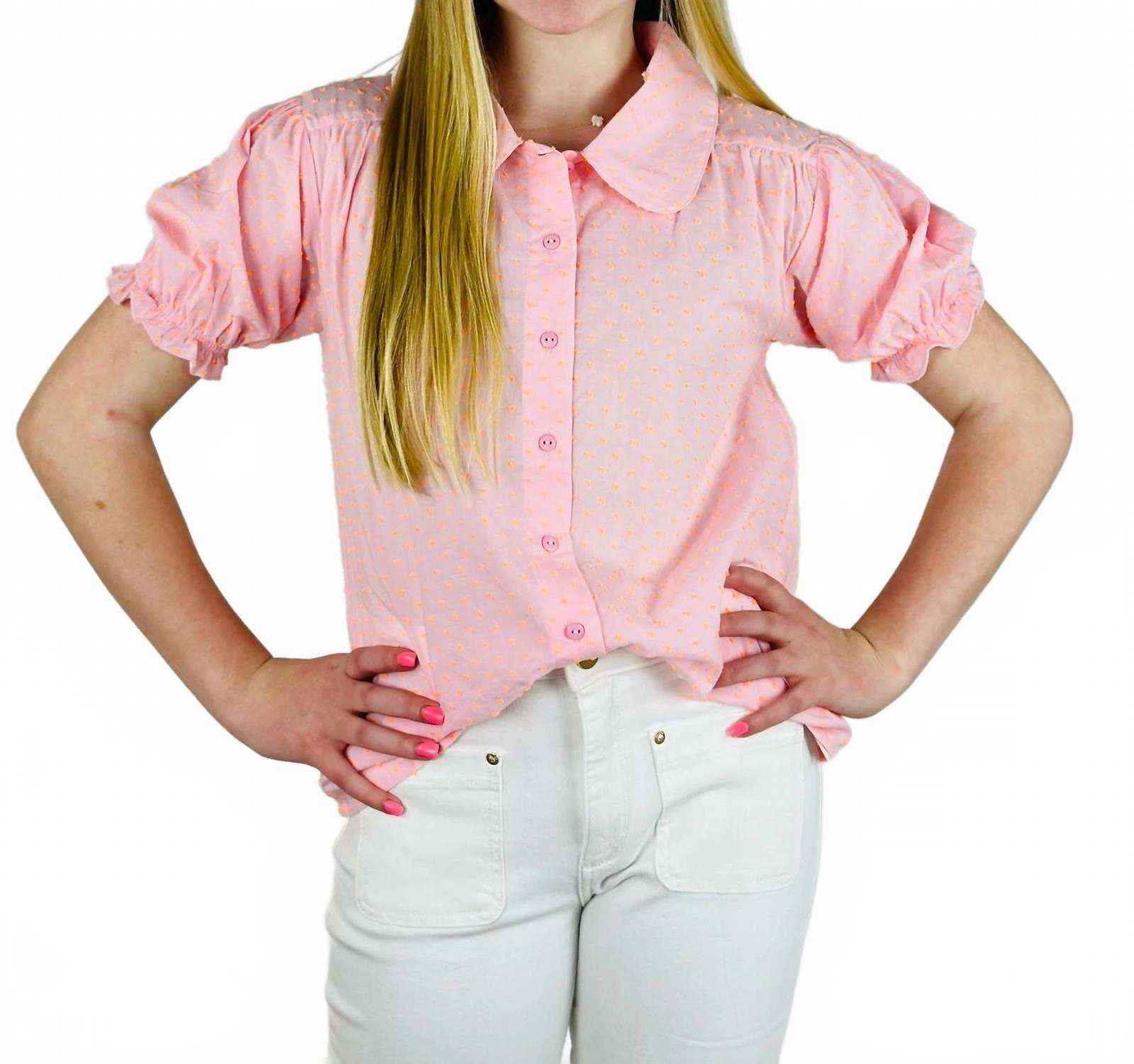 Girl's Poplin Dot Blouse In Pink ruffle tops girls, long sleeve tees girls