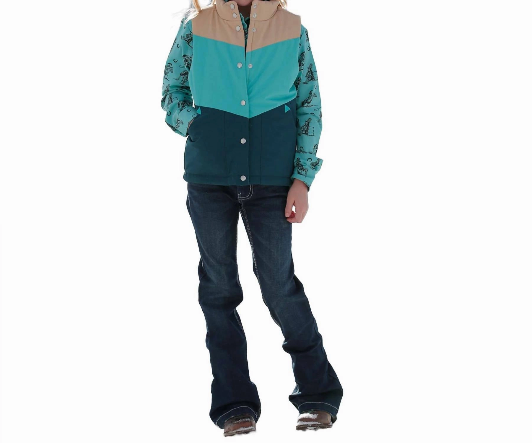 Girl's Puffer Vest In Tan/turquoise/navy girls trench coats, waterproof jackets girls