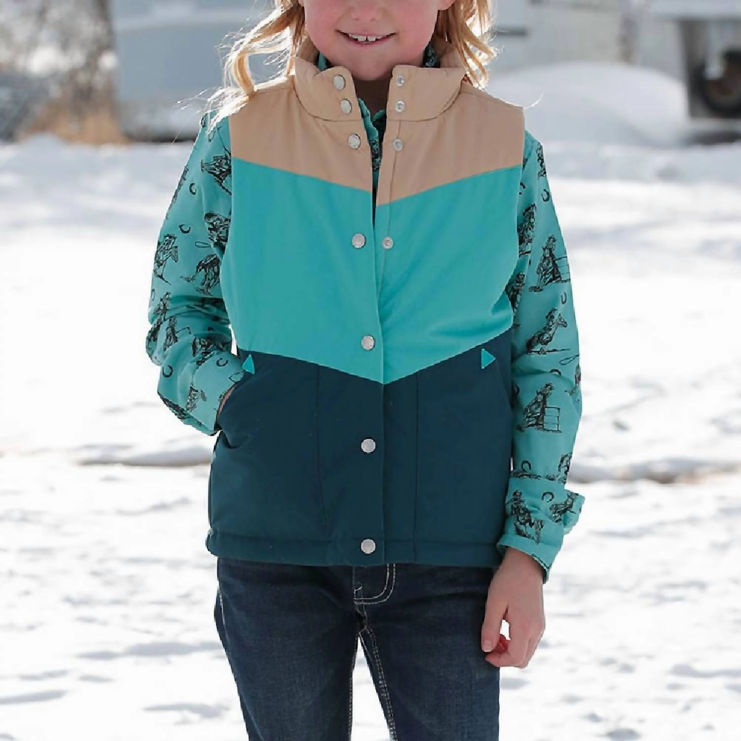 Girl's Puffer Vest In Tan/turquoise/navy Girls Sherpa Coat
