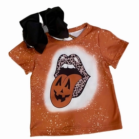 Girl's Pumpkin Tongue Faux Bleached Tee Top In Orange ruffle tops girls, long sleeve tees girls