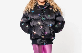 Girl's Rainbow Hearts Puffy Coat In Black girls trench coats, waterproof jackets girls