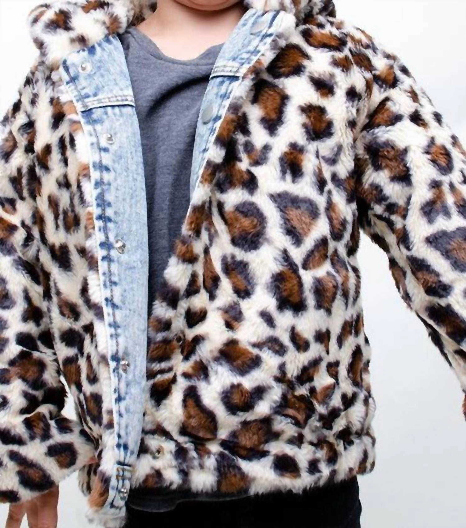 Girl's Reversible Fur Jacket In Denim Leopard Girls Sherpa Coat