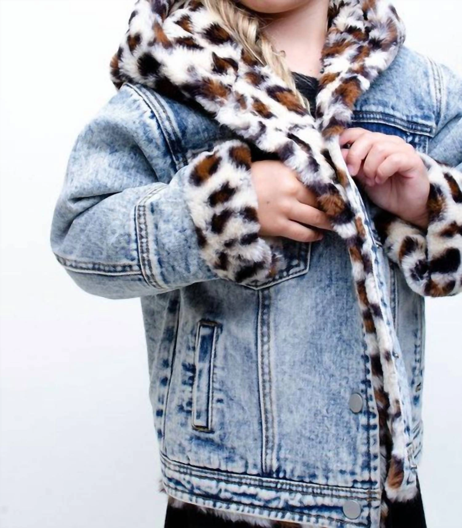 Girl's Reversible Fur Jacket In Denim Leopard girls trench coats, waterproof jackets girls