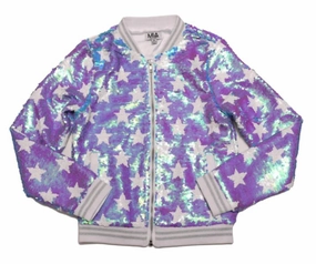 Girl's Reversible Sequin Star Bomber Jacket In Purple Multicolor girls trench coats, waterproof jackets girls