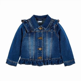Girl's Ruffle Jacket In Denim Blue girls trench coats, waterproof jackets girls