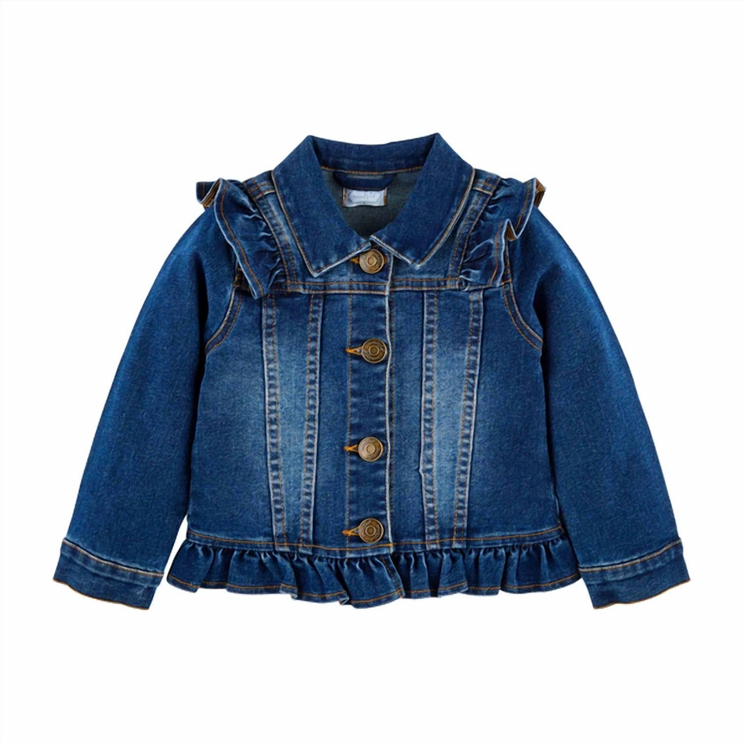 Girl's Ruffle Jacket In Denim Blue girls trench coats, waterproof jackets girls
