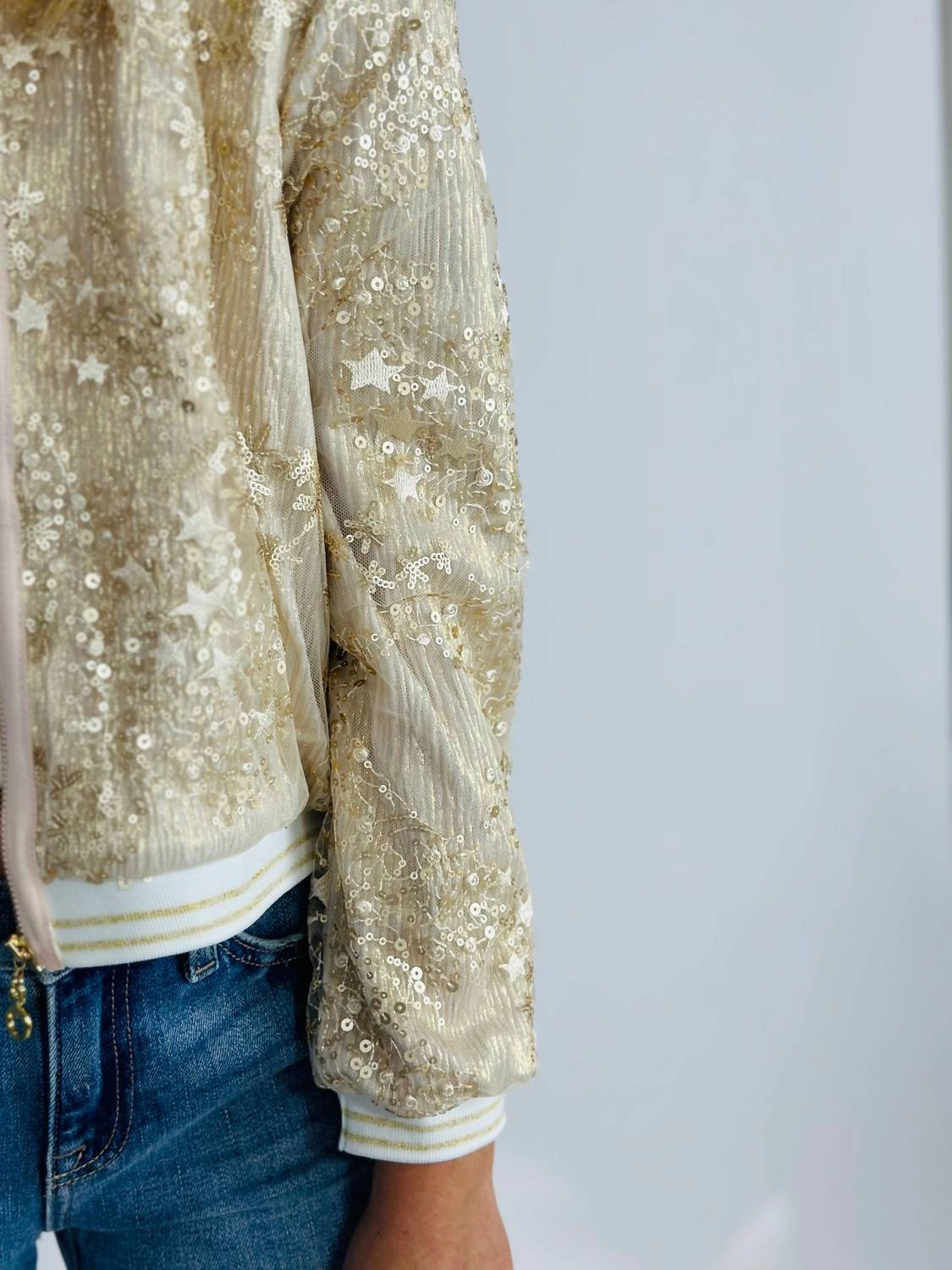 Girl's Sequin Embroidered Bomber Jacket In Gold Girls Sherpa Coat