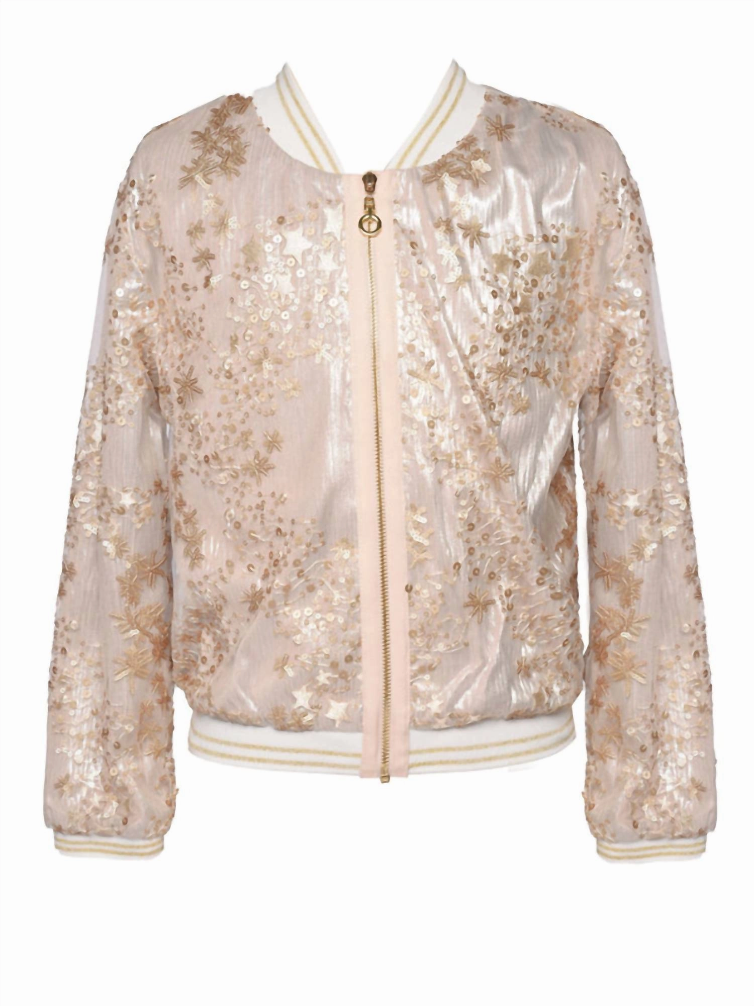 Girl's Sequin Embroidered Bomber Jacket In Gold girls trench coats, waterproof jackets girls