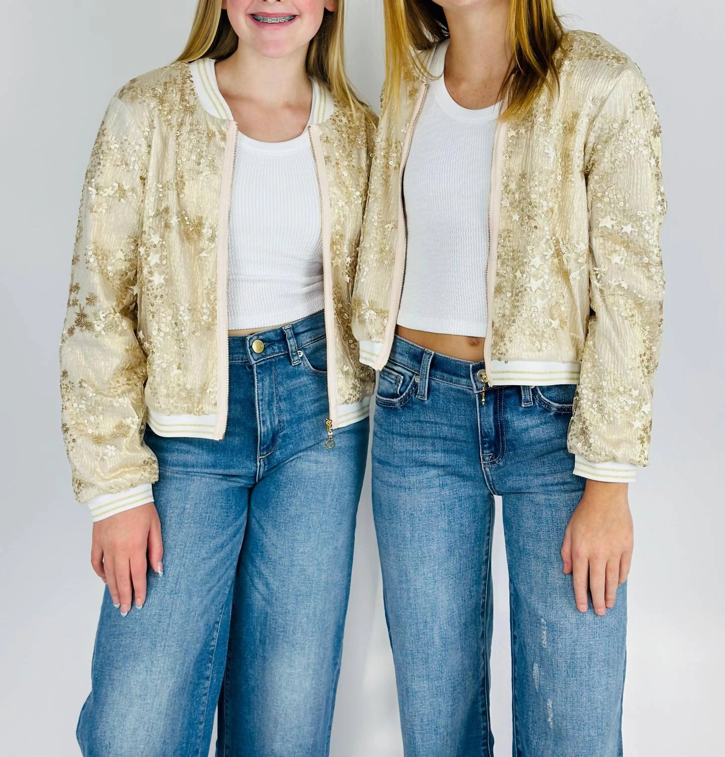 Girl's Sequin Embroidered Bomber Jacket In Gold Girls Sherpa Coat