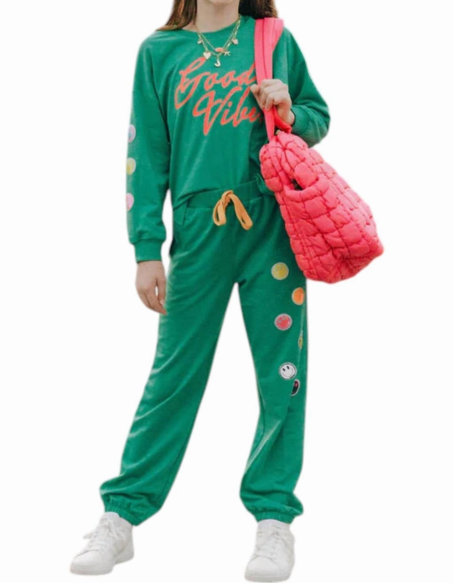 Girl's Sequin Happy Applique Jogger Pants In Green Girls Flared Leggings
