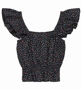 Girl's Serena Flare Mini Flower Print Top In Navy ruffle tops girls, long sleeve tees girls